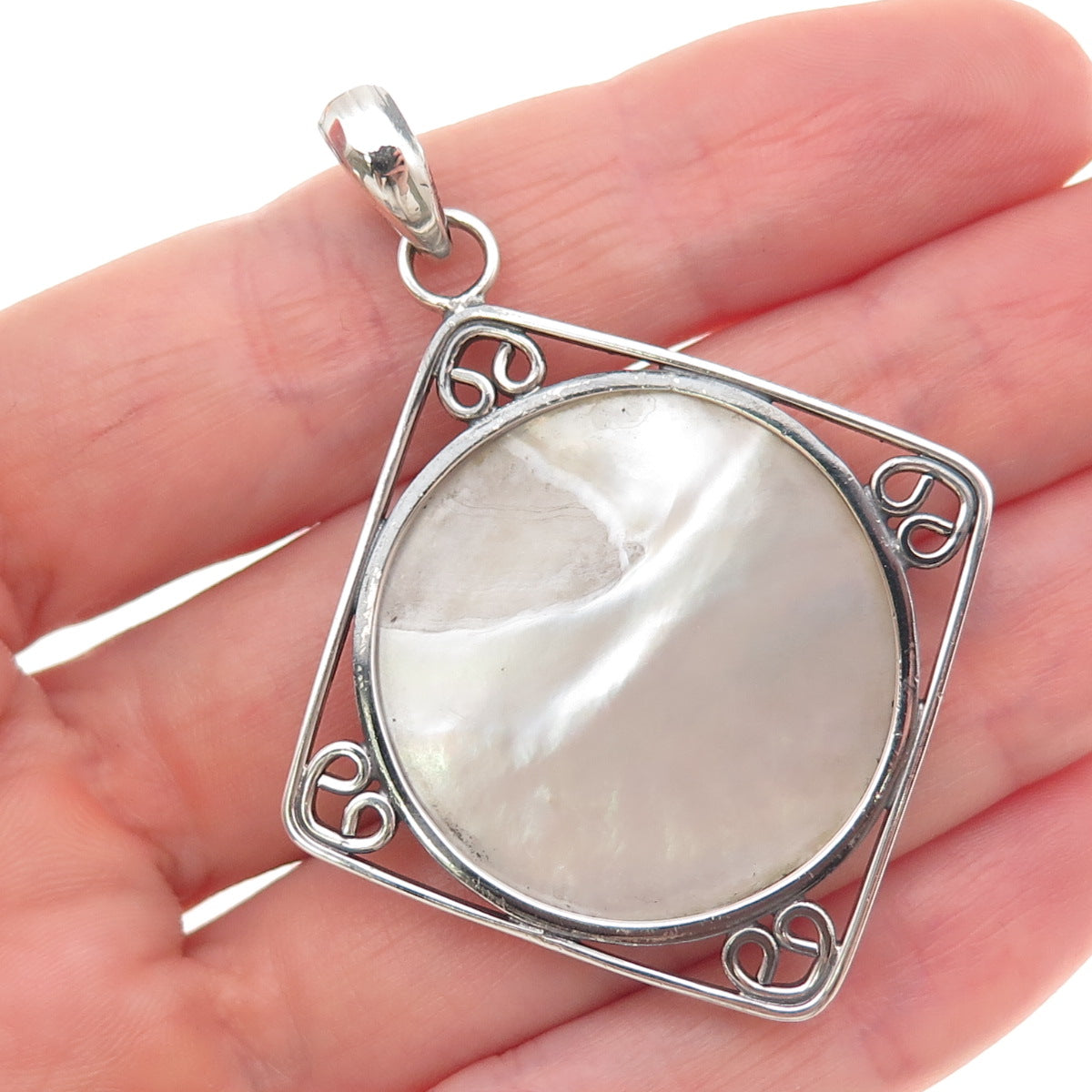 925 Sterling Silver Vintage Real MOP Modernist Heart Square Charm Pendant
