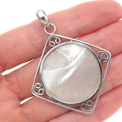 925 Sterling Silver Vintage Real MOP Modernist Heart Square Charm Pendant