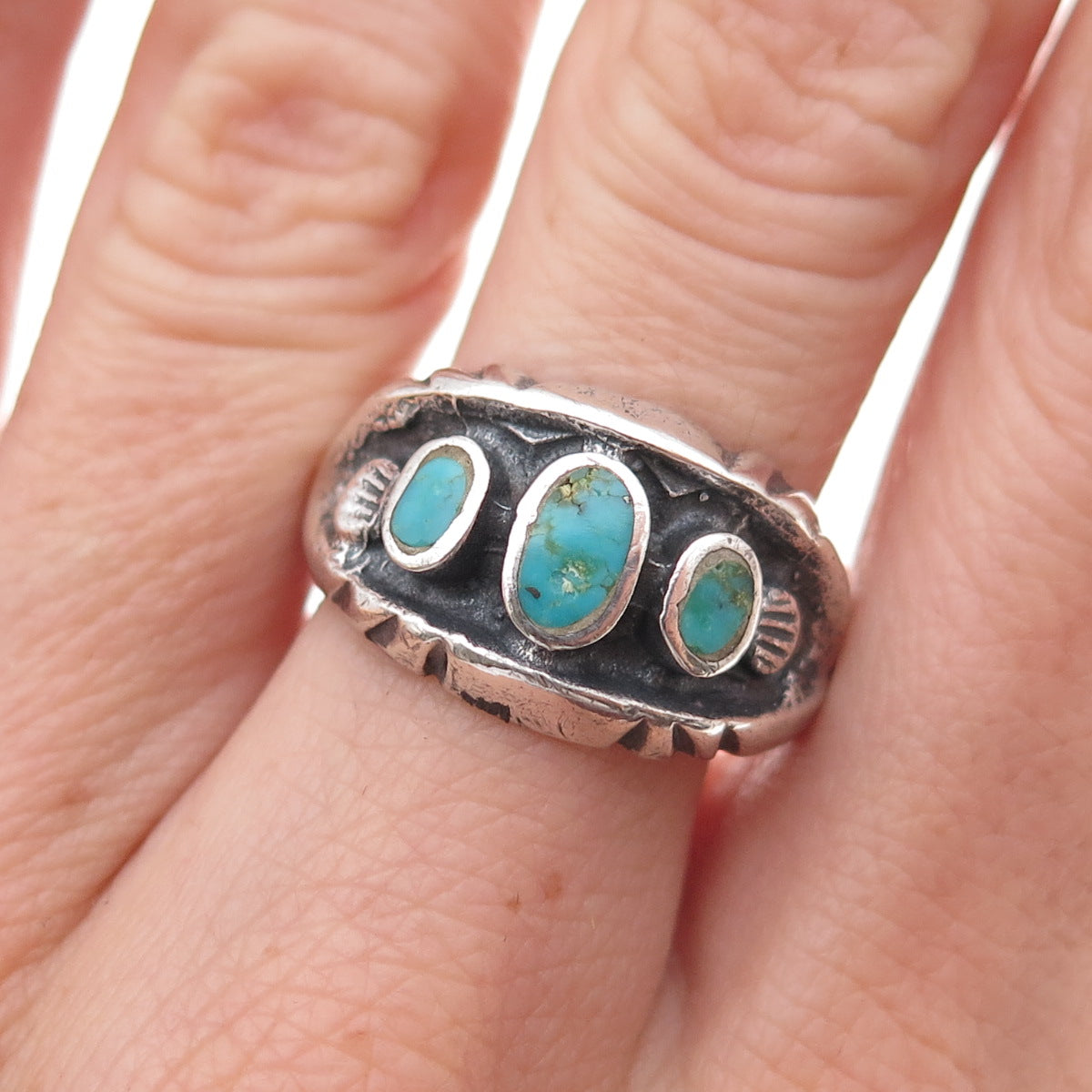 Old Pawn 925 Sterling Silver Vintage Southwestern Turquoise Tribal Ring Size 9.5