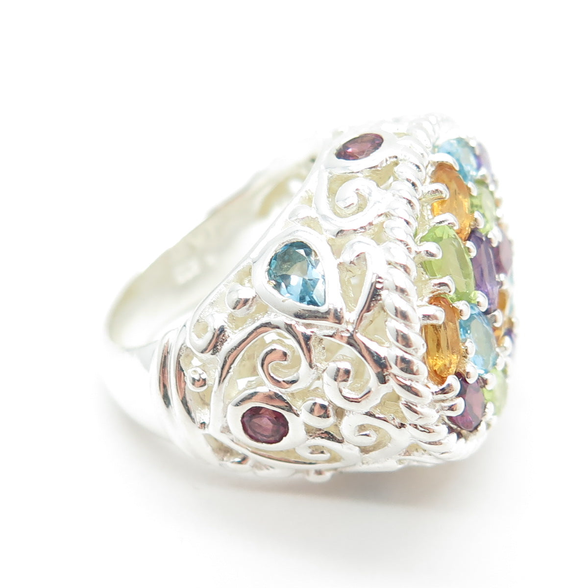 925 Sterling Silver Amethyst Peridot Topaz Citrine Garnet Gem Ornate Ring Size 6