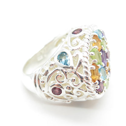 925 Sterling Silver Amethyst Peridot Topaz Citrine Garnet Gem Ornate Ring Size 6