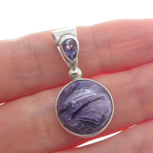 SAJEN 925 Sterling Silver Vintage Charoite & Amethyst Minimalist Charm Pendant