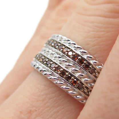 925 Sterling Silver Real Round-Cut Cognac Diamond Multi-Row Ring Size 6.25