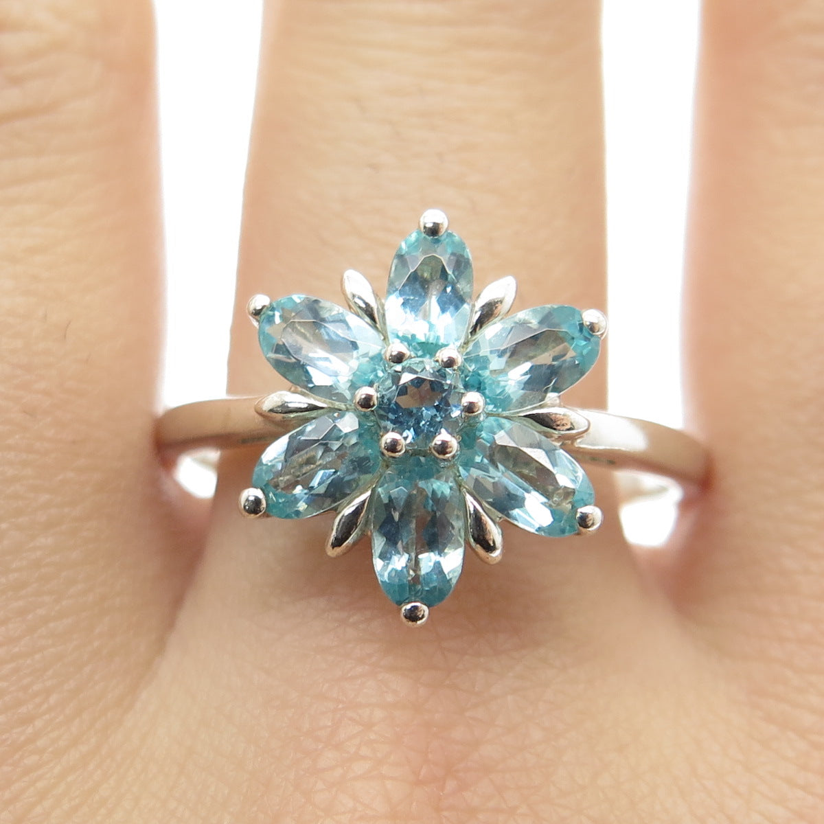 MICHELLE ALBALA Sterling Silver Vintage Real Aquamarine Flower Ring Size 10.25