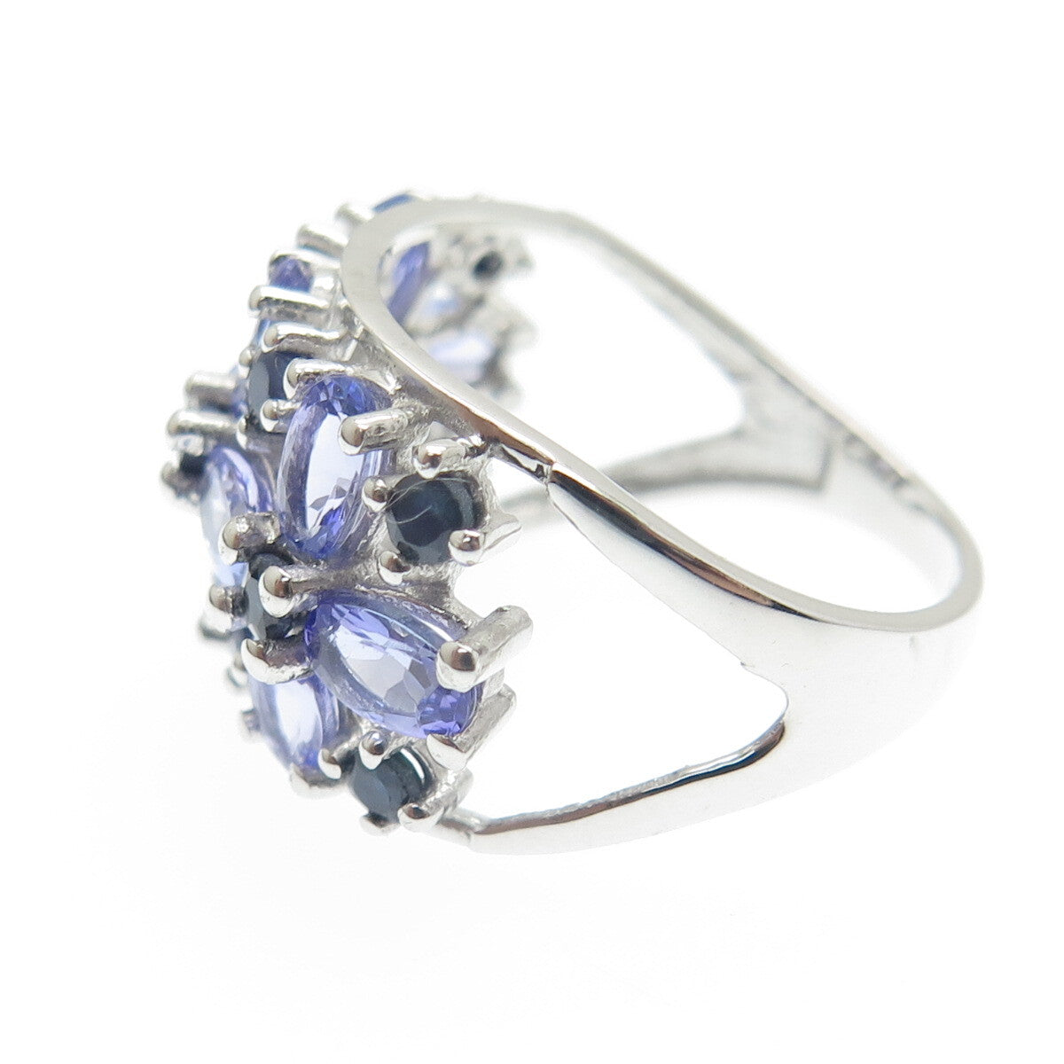 DSMK 925 Sterling Silver Tanzanite & Sapphire Gem Floral Cluster Ring Size 7