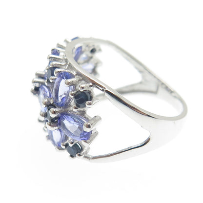 DSMK 925 Sterling Silver Tanzanite & Sapphire Gem Floral Cluster Ring Size 7