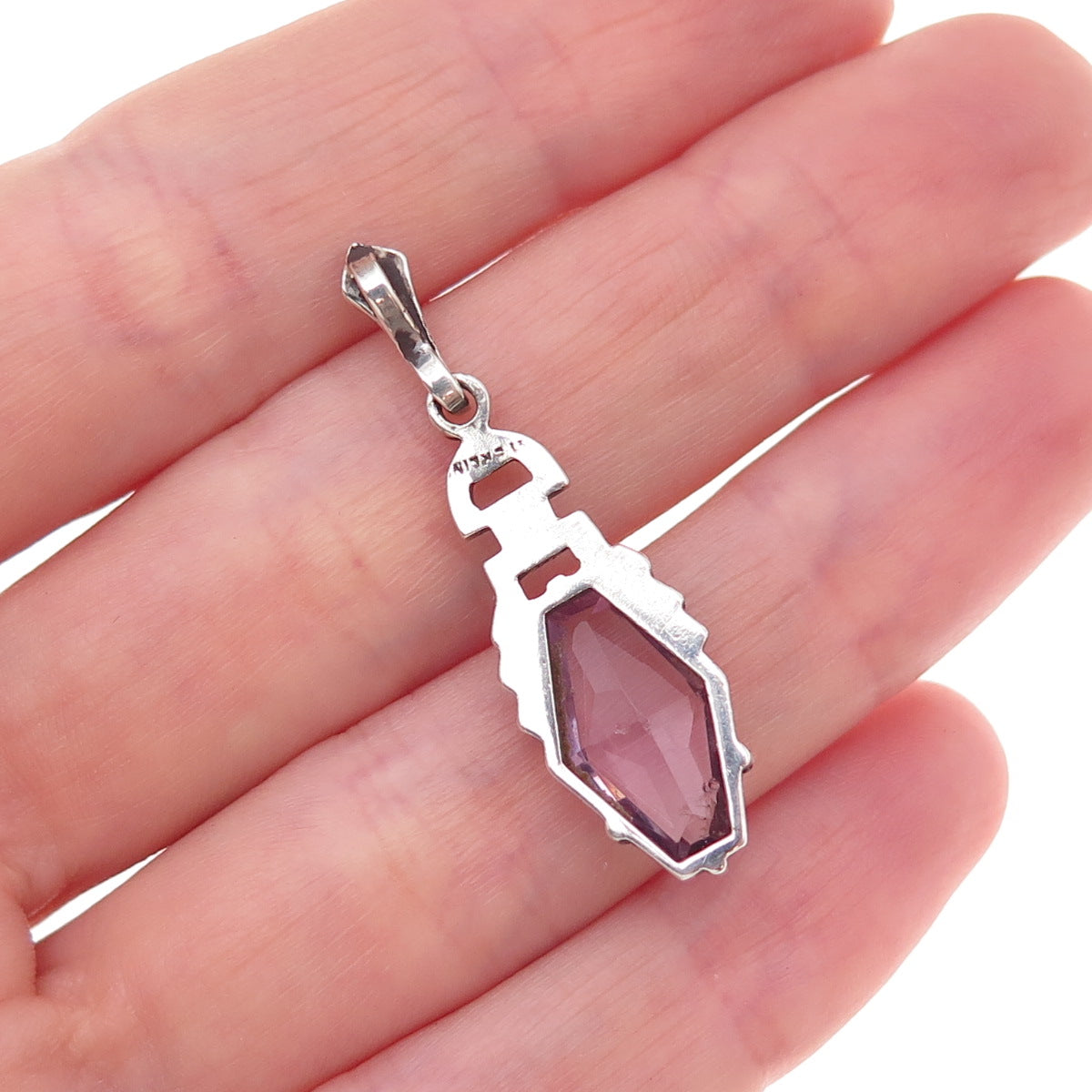 925 Sterling Silver Antique Art Deco Real Amethyst & Marcasite Charm Pendant
