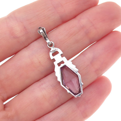 925 Sterling Silver Antique Art Deco Real Amethyst & Marcasite Charm Pendant