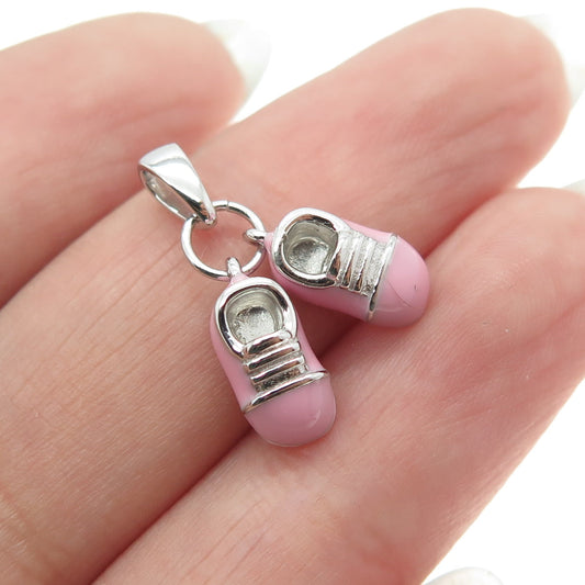 925 Sterling Silver Pink Enamel Baby Boot Shoe Pendant