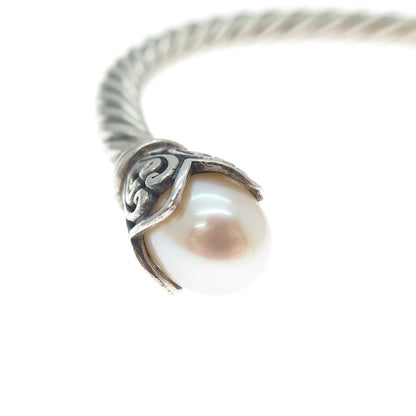 925 Sterling Silver Vintage Real Pearl Floral Oxidized Cuff Bracelet 6.25"