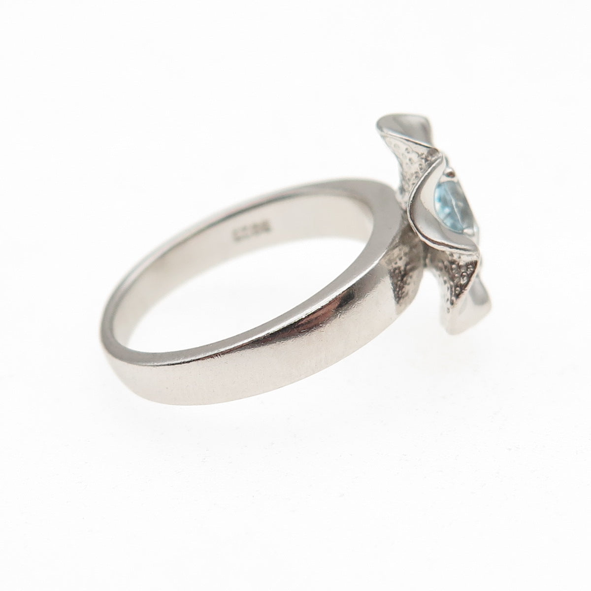 925 Sterling Silver Real Round-Cut Blue Topaz Floral Ring Size 5.75