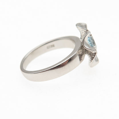 925 Sterling Silver Real Round-Cut Blue Topaz Floral Ring Size 5.75