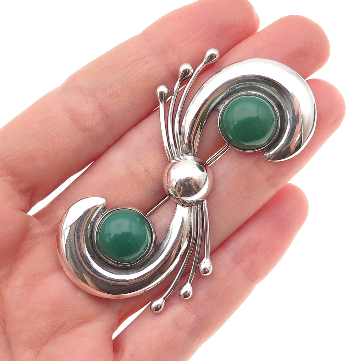 925 Sterling Silver Vintage Mexico Real Green Onyx Modernist Pin Brooch