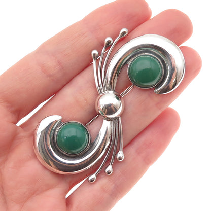 925 Sterling Silver Vintage Mexico Real Green Onyx Modernist Pin Brooch