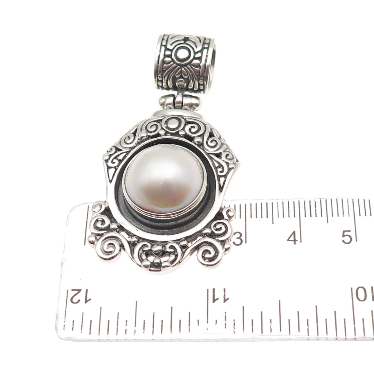 NK SILVER 925 Sterling Vintage Real Pearl Swirl Oxidized Pendant