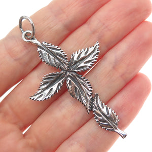 925 Sterling Silver Vintage Floral Leaf Cross Oxidized Pendant