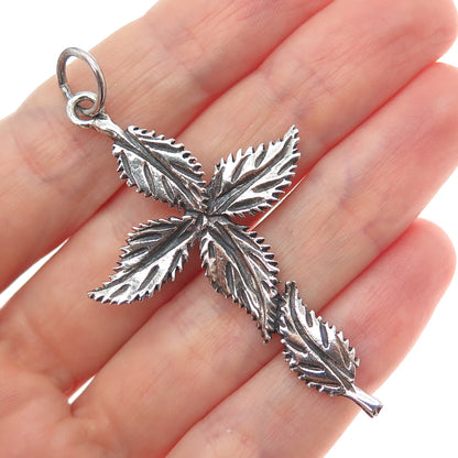 925 Sterling Silver Vintage Floral Leaf Cross Oxidized Pendant