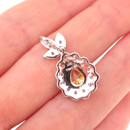 925 Sterling Silver Canary & White C Z Floral Teardrop Slide Charm Pendant