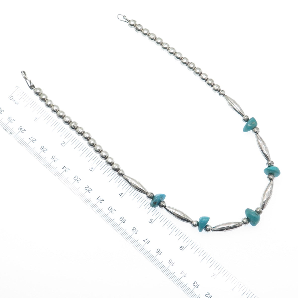 Old Pawn 925 Sterling Silver Vintage Turquoise Gem Bar & Bead Chain Necklace 14"