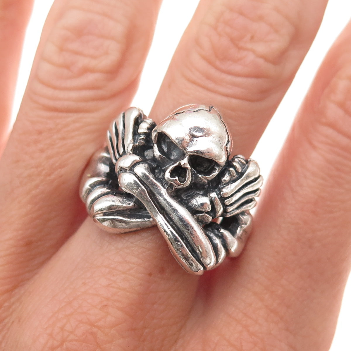 925 Sterling Silver Vintage Misfits Skeleton Skull Biker Ring Size 11.25
