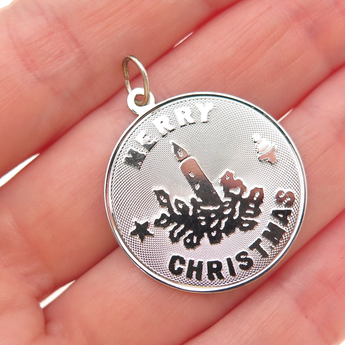 JAY POSON 925 Sterling Silver Vintage Merry Christmas Candle Charm Pendant