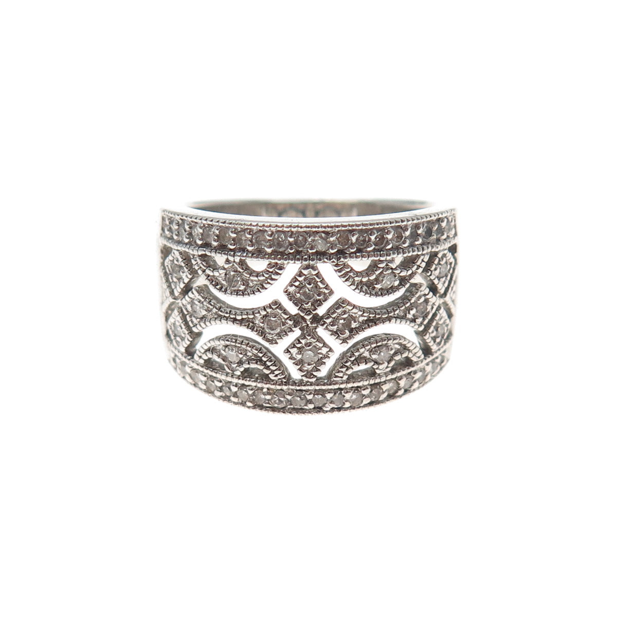 925 Sterling Silver Real Round-Cut Diamond Ornate Ring Size 5.25