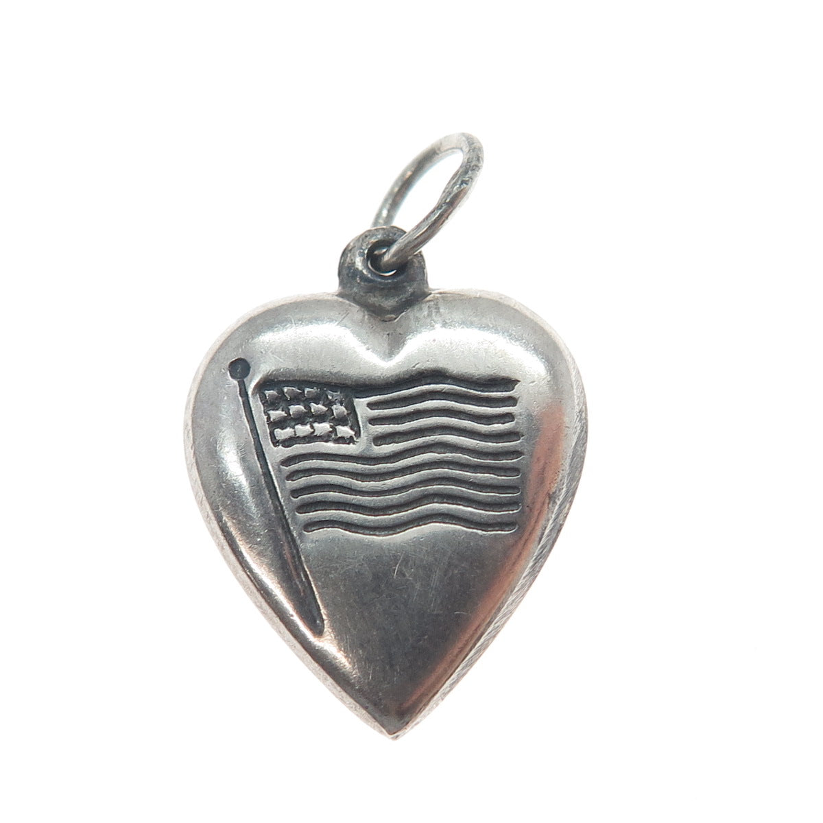 925 Sterling Silver Antique Art Deco US Flag Chatelaine Heart Minimalist Pendant