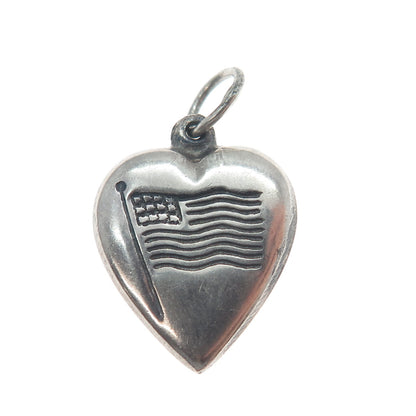 925 Sterling Silver Antique Art Deco US Flag Chatelaine Heart Minimalist Pendant