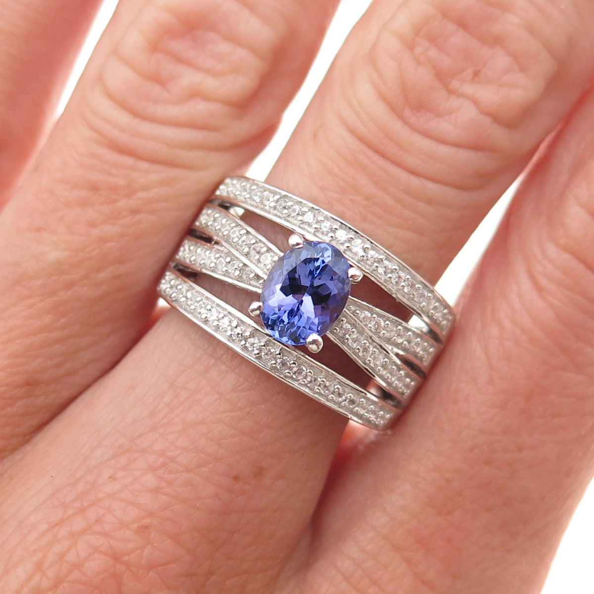 Chuck Clemency 925 Sterling Silver Real Tanzanite & White Topaz Ring Size 8.25