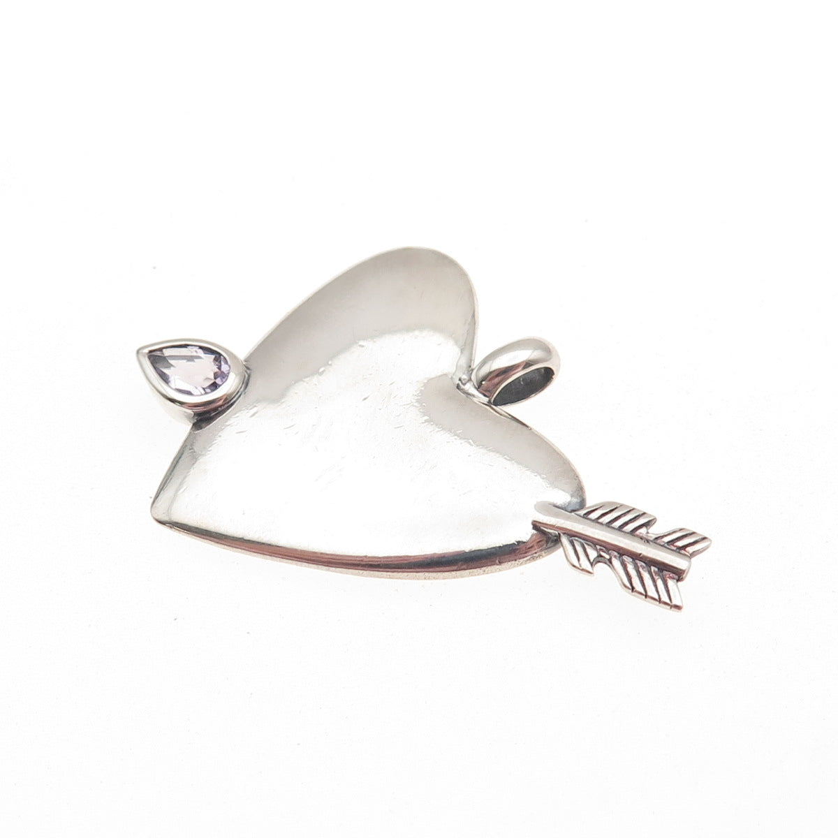 925 Sterling Silver Vintage Real Amethyst Heart & Arrow Charm Pendant