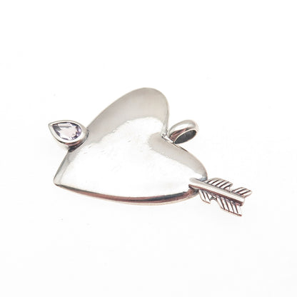 925 Sterling Silver Vintage Real Amethyst Heart & Arrow Charm Pendant