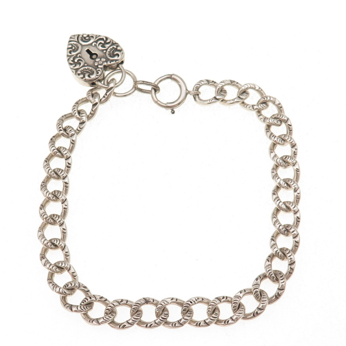 925 Sterling Silver Antique Art Deco Heart Padlock Curb Link Bracelet 7.75"
