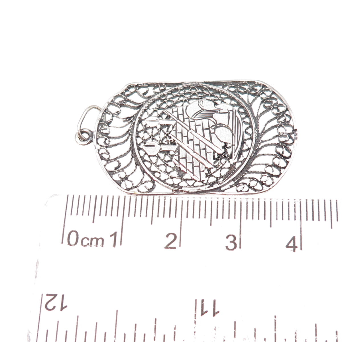 925 Sterling Silver Vintage Egyptian Pharaoh & Pyramid Filigree Oxidized Pendant