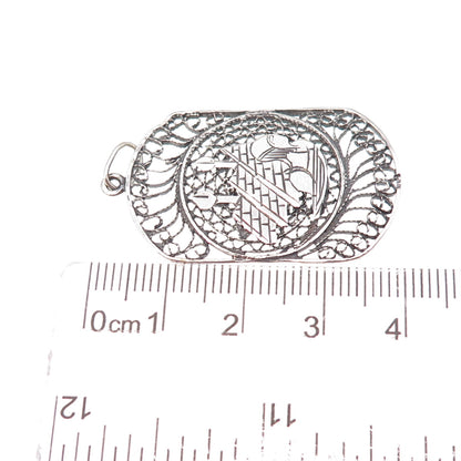 925 Sterling Silver Vintage Egyptian Pharaoh & Pyramid Filigree Oxidized Pendant