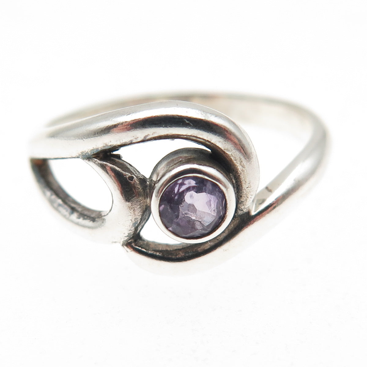 925 Sterling Silver Vintage Real Amethyst Modernist Swirl Ring Size 6.75