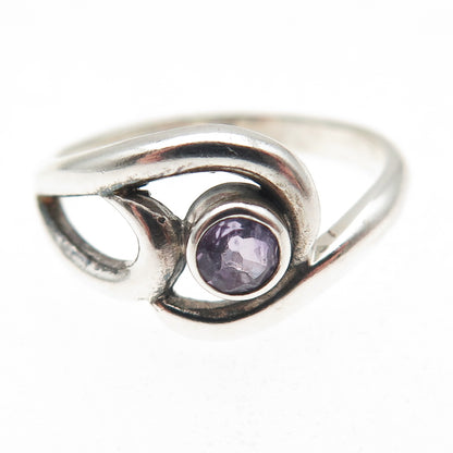 925 Sterling Silver Vintage Real Amethyst Modernist Swirl Ring Size 6.75