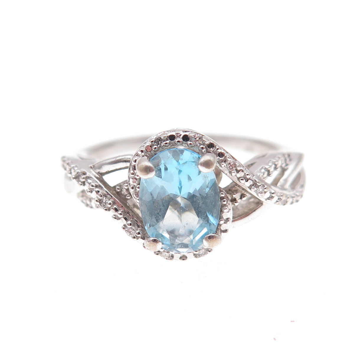 925 Sterling Silver Real Diamond & Blue Topaz Ring Size 7