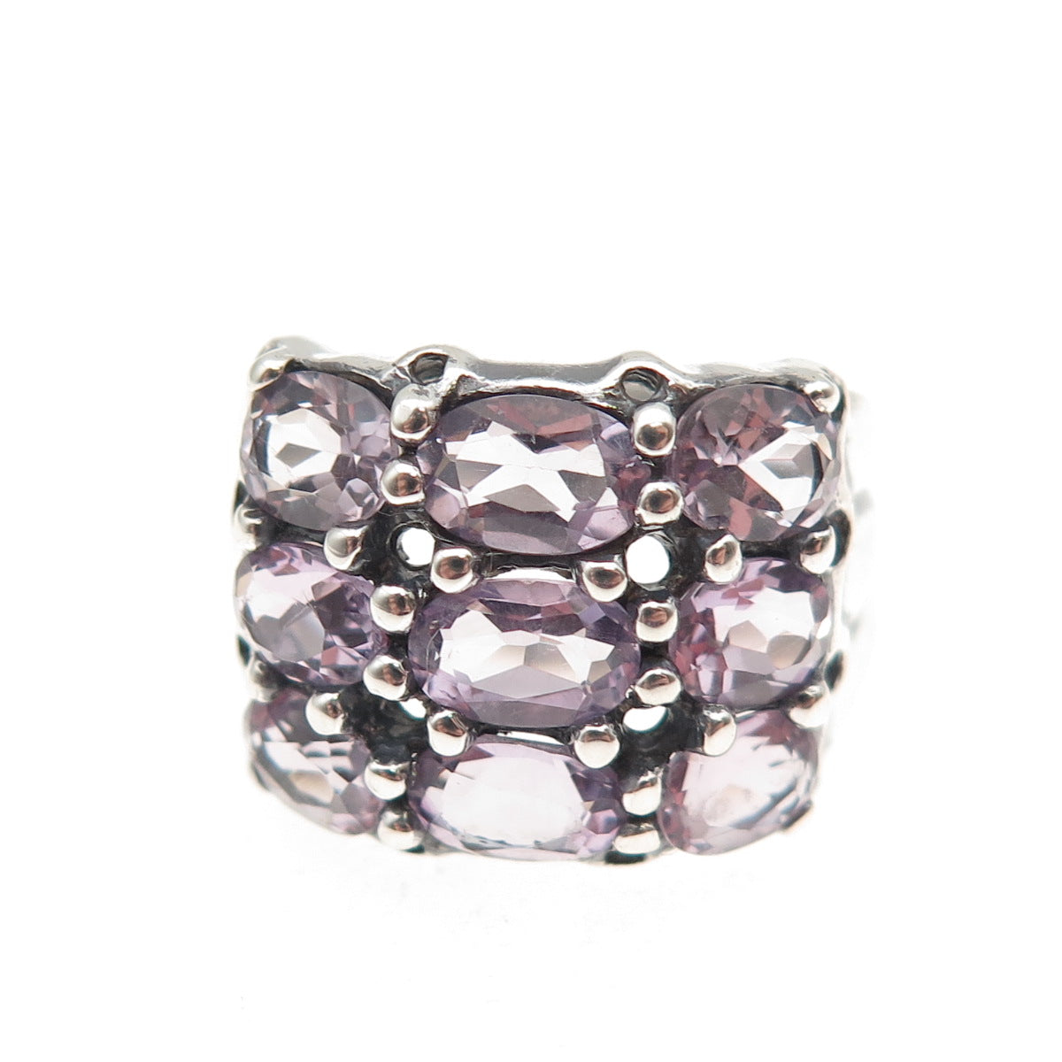925 Sterling Silver Vintage Real Oval-Cut Amethyst Cluster Oxidized Ring Size 7