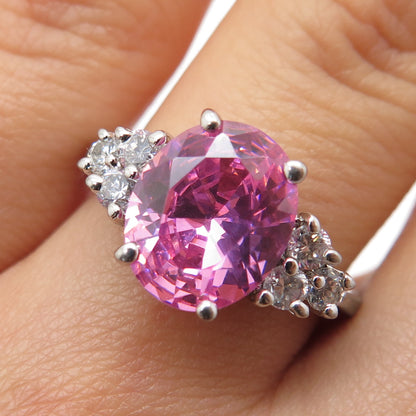 925 Sterling Silver Vintage Oval-Cut Pink & Round-Cut White C Z Ring Size 7.25