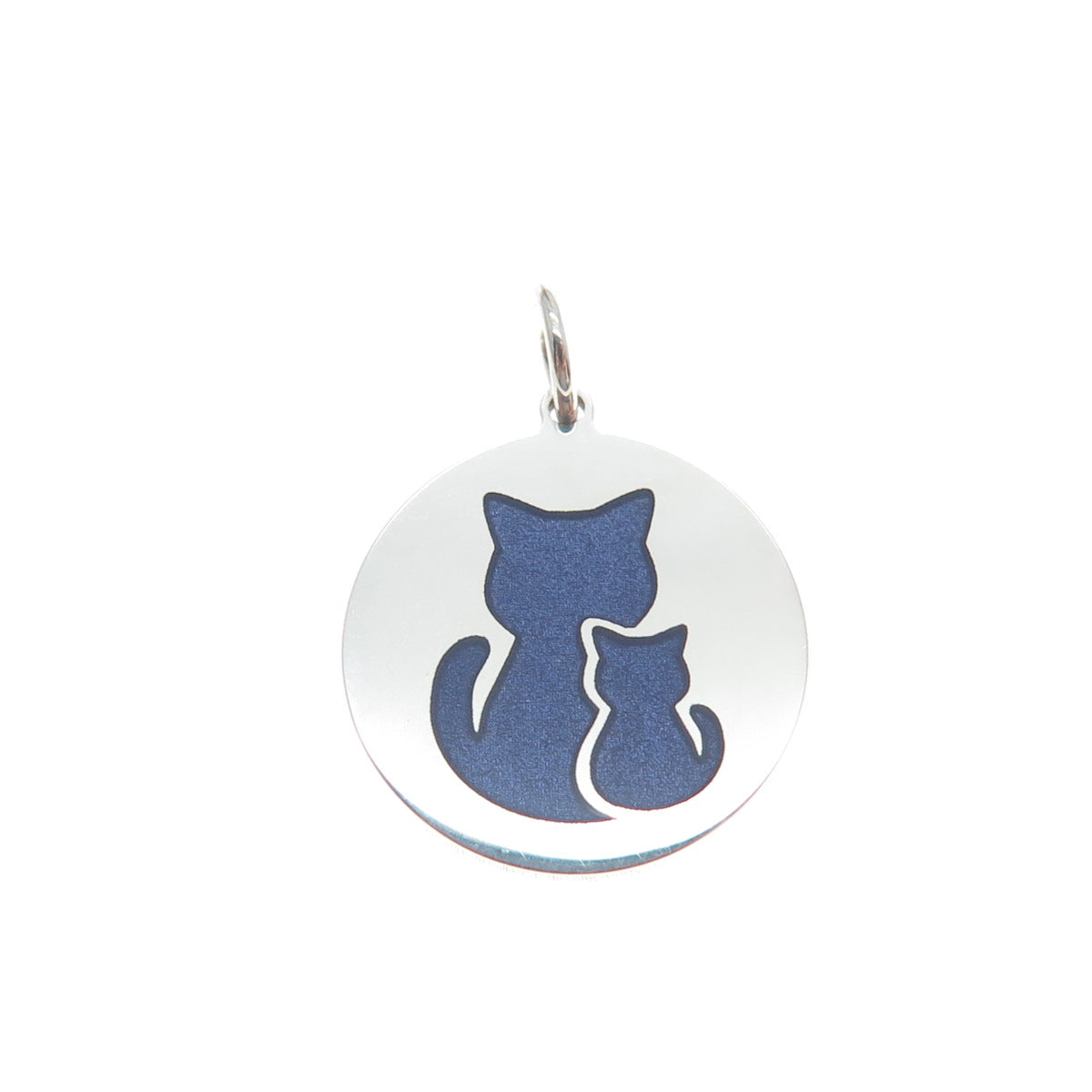 925 Sterling Silver Blue Enamel Mom & Child Cat Minimalist Charm Pendant