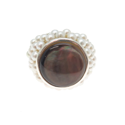 925 Sterling Silver Vintage Real Abalone Shell & Pearl Beaded Ring Size 8.5