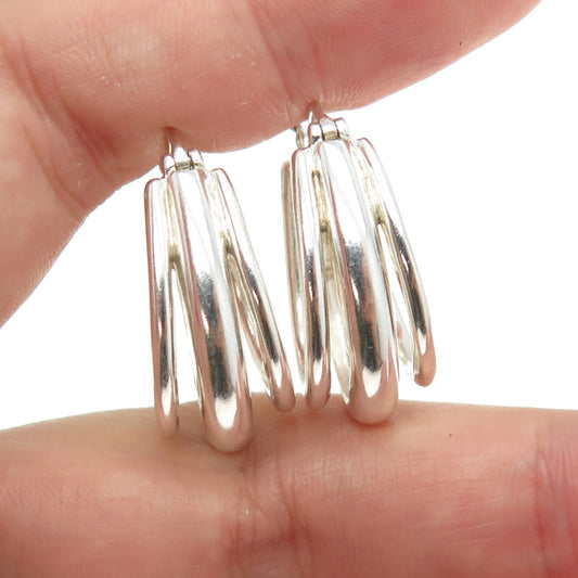 925 Sterling Silver Vintage Modernist Puffy Ribbed Hoop Earrings