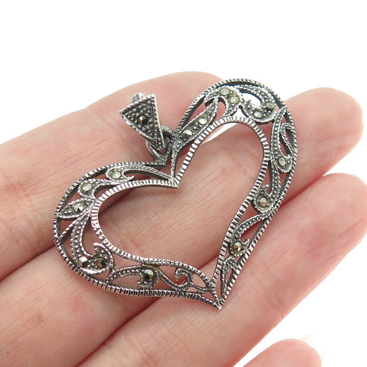 925 Sterling Silver Vintage Real Marcasite Gemstone Open Heart Pendant