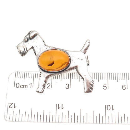 925 Sterling Silver Vintage Real Amber Airedale Terrier Dog Oxidized Pin Brooch