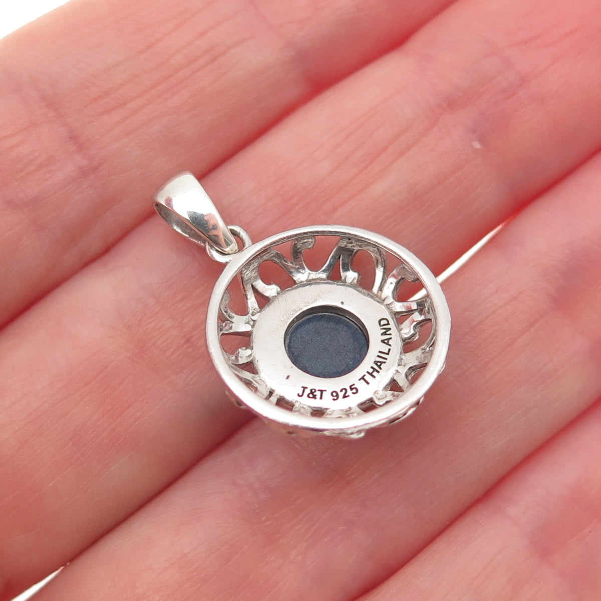 925 Sterling Silver Vintage J&T Real Sapphire Ornate Mini Charm Pendant