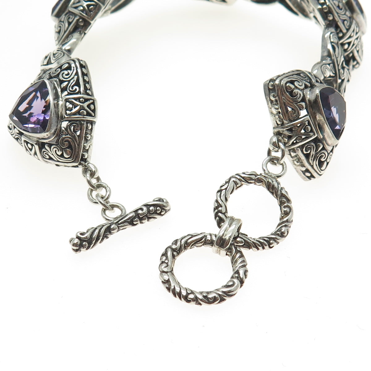 925 Sterling Silver Real Amethyst Gemstone Ornate Bracelet 8"