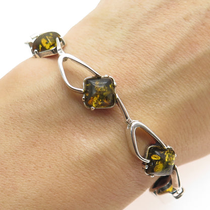 925 Sterling Silver Vintage Real Amber Modernist Link Bracelet 7"