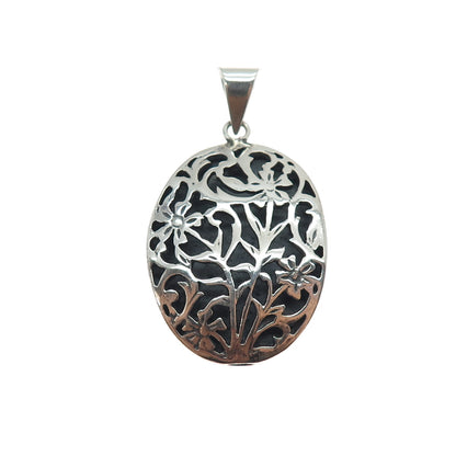 925 Sterling Silver Vintage Flower Shadow Box Oxidized Charm Pendant