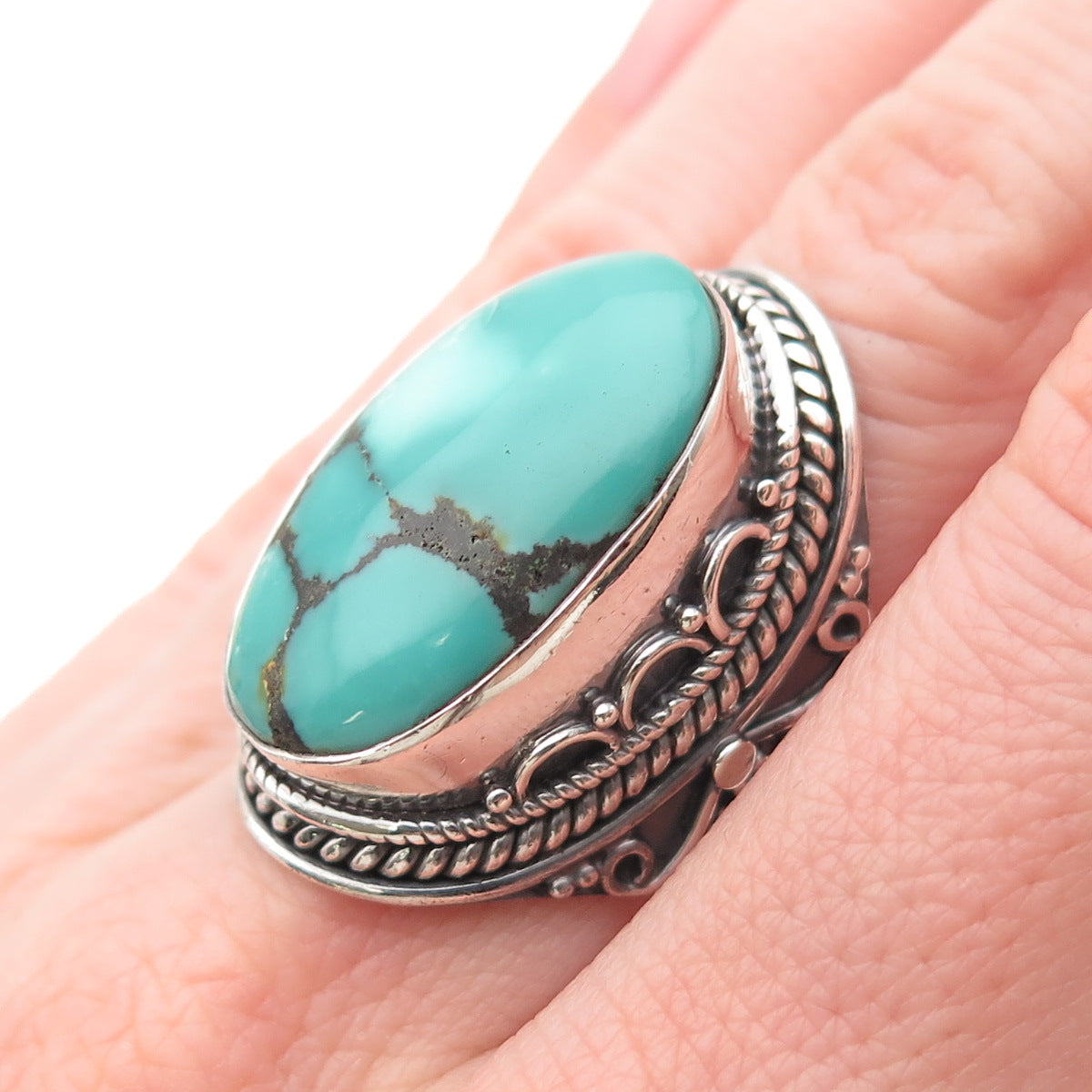 925 Sterling Silver Vintage Real Kingman Turquoise Oxidized Ring Size 6.5