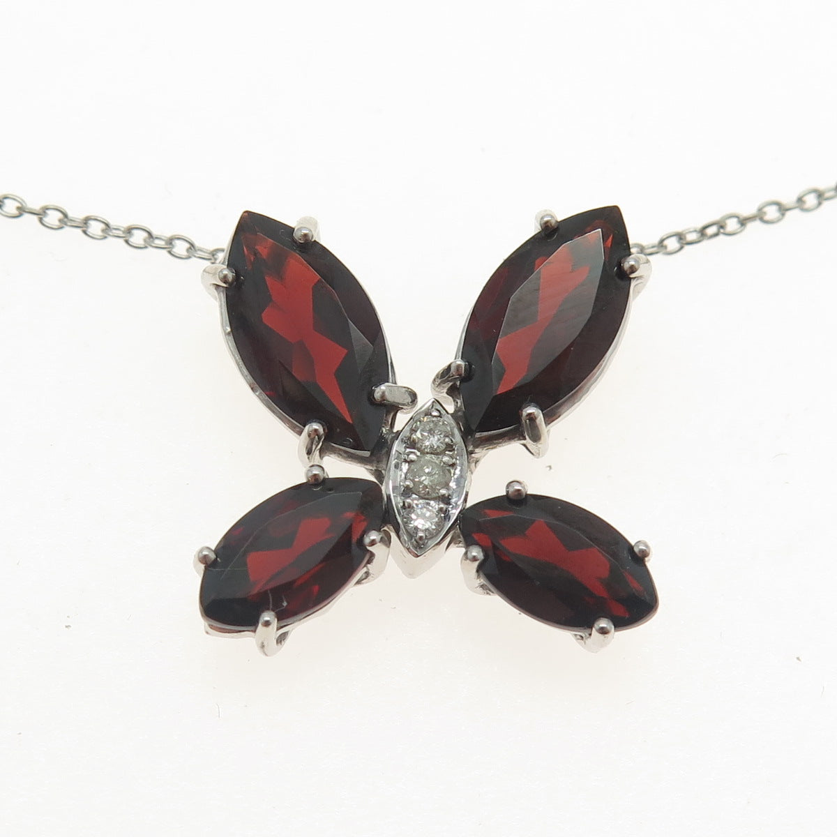 925 Sterling Silver Real White Diamond & Red Garnet Gem Butterfly Necklace 18"